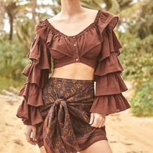New Free People Falling Flowers Crop Lg Brown Boho On / Off Shoulder Crop